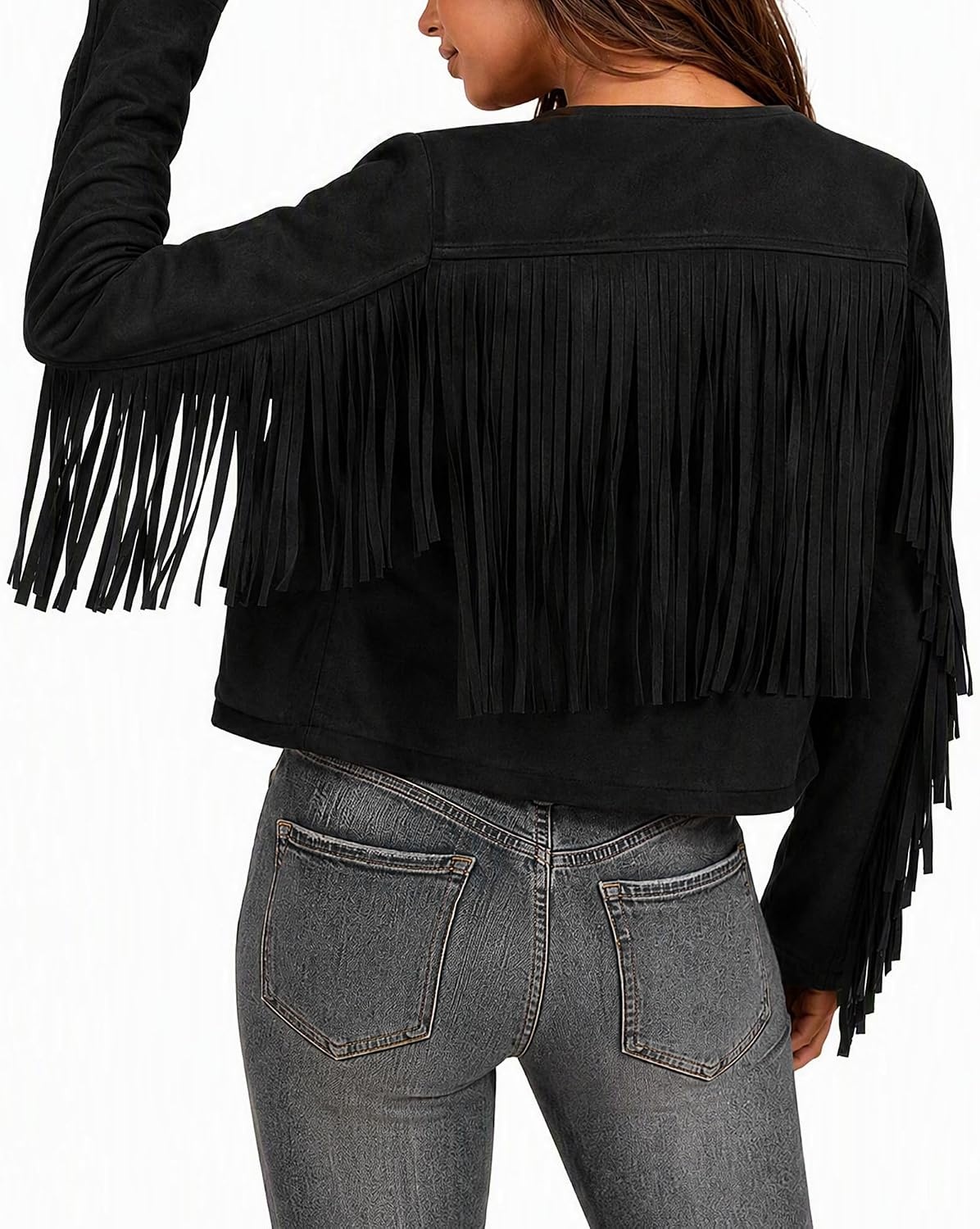 image:imageWomens Faux Suede Fringe Jacket Fall Cropped Coats Cowgirl OutfitsBlack