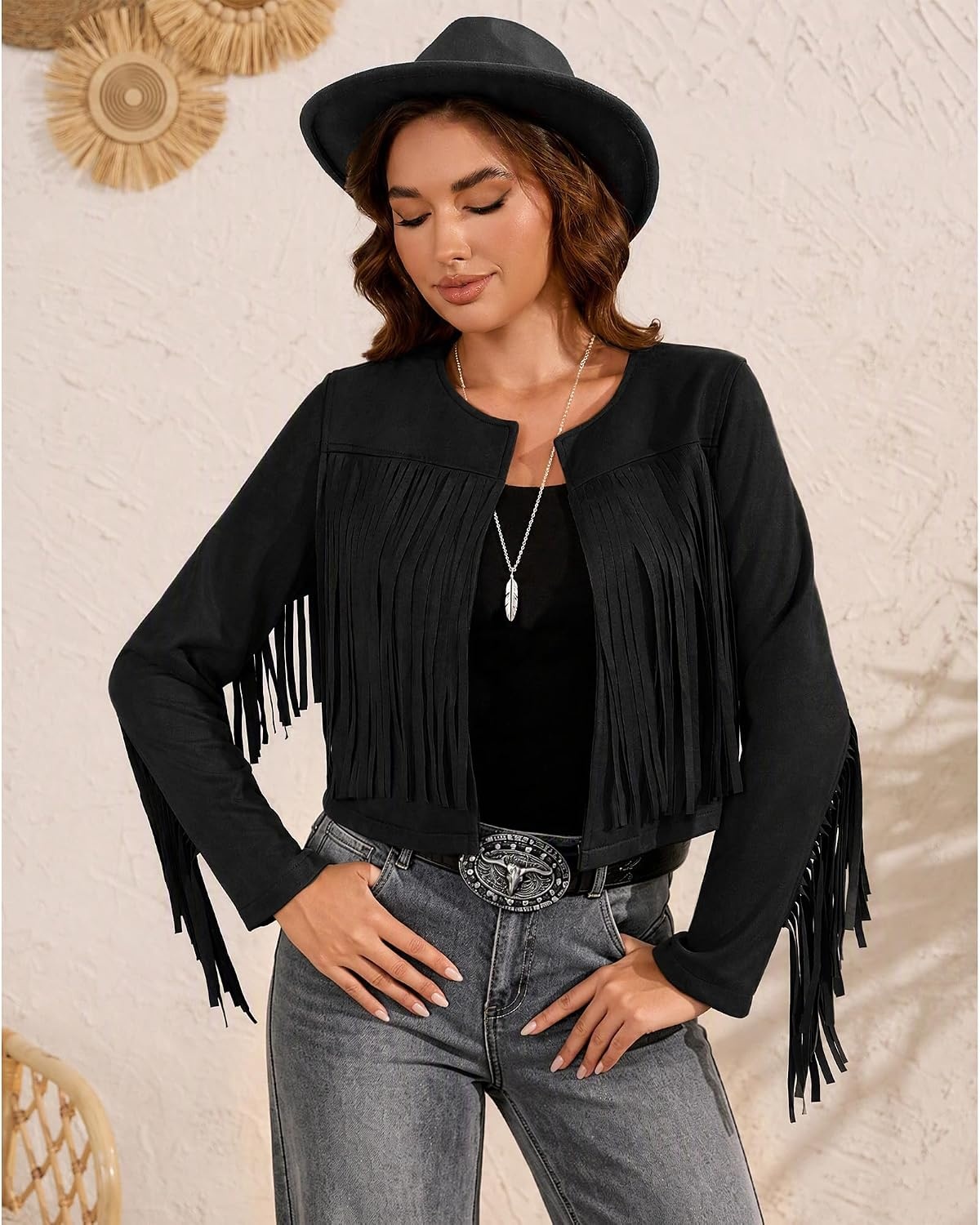 image:imageWomens Faux Suede Fringe Jacket Fall Cropped Coats Cowgirl OutfitsBlack