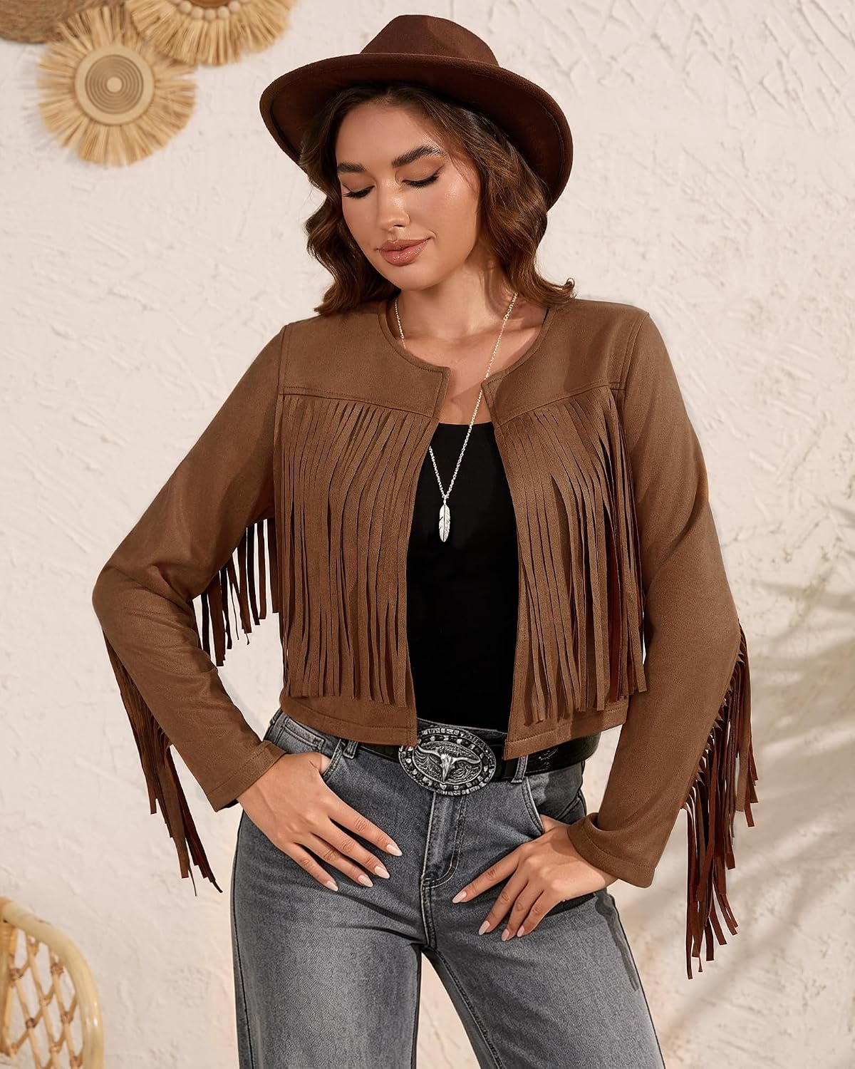 image:imageWomens Faux Suede Fringe Jacket Fall Cropped Coats Cowgirl OutfitsDark Brown