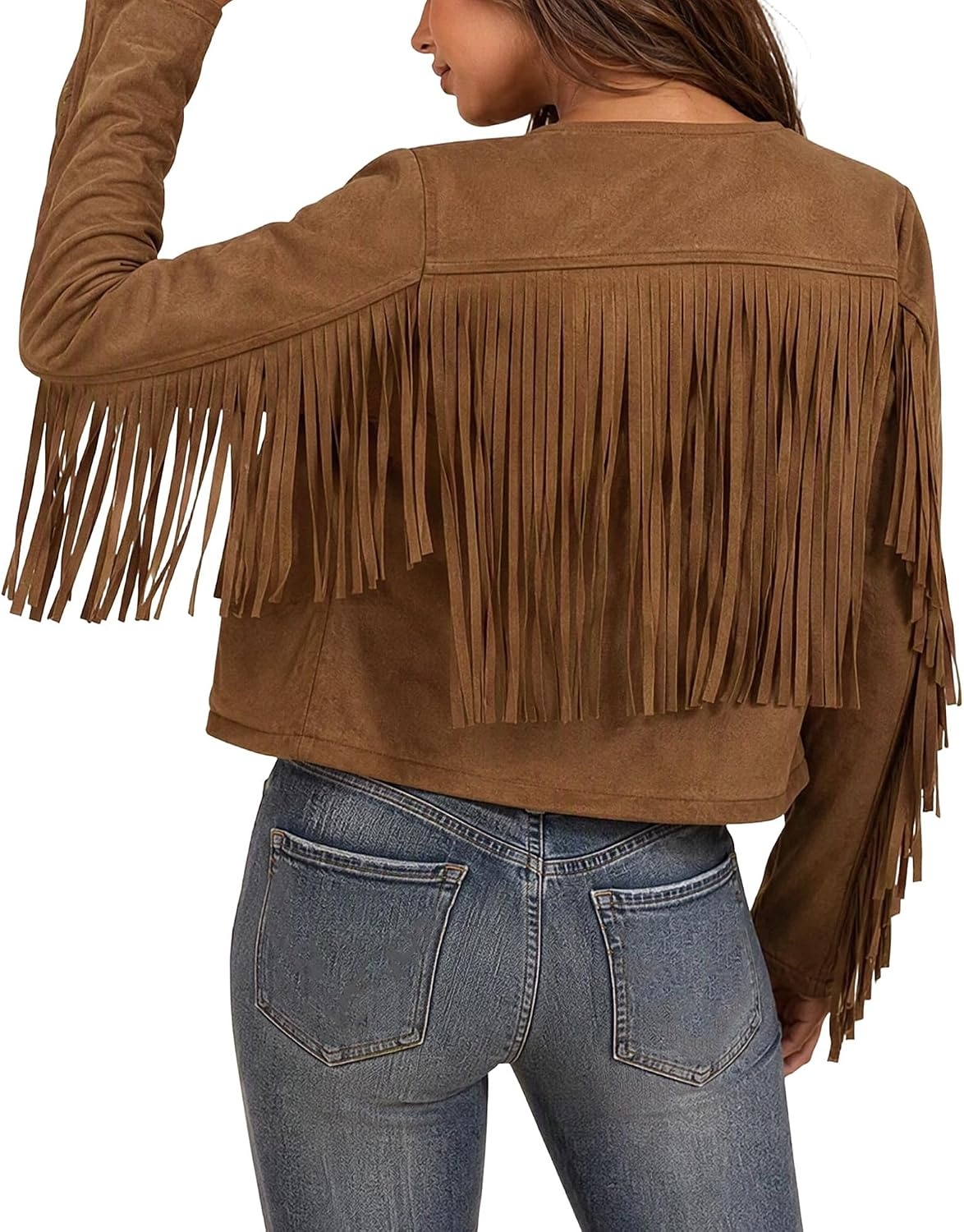 image:imageWomens Faux Suede Fringe Jacket Fall Cropped Coats Cowgirl OutfitsDark Brown