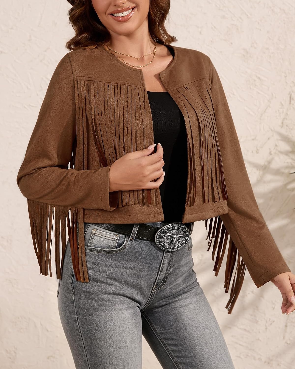 image:imageWomens Faux Suede Fringe Jacket Fall Cropped Coats Cowgirl OutfitsDark Brown