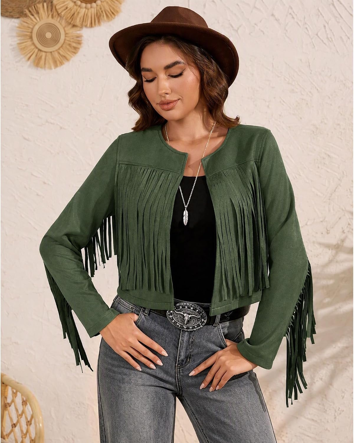 image:imageWomens Faux Suede Fringe Jacket Fall Cropped Coats Cowgirl OutfitsGreen