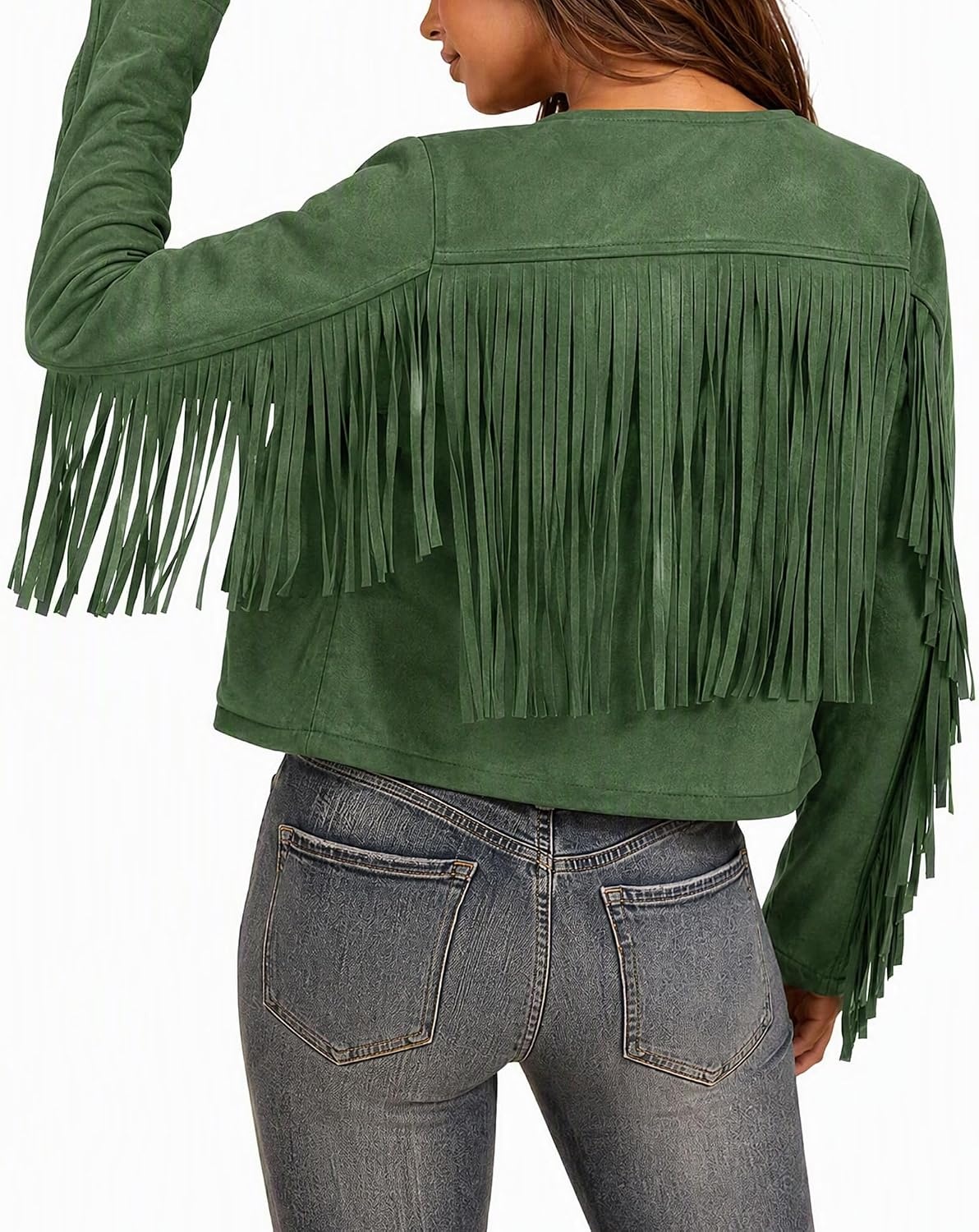 image:imageWomens Faux Suede Fringe Jacket Fall Cropped Coats Cowgirl OutfitsGreen