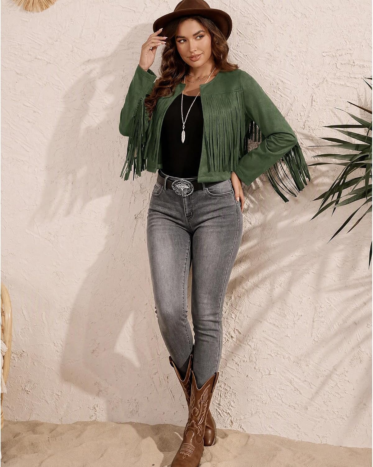 image:imageWomens Faux Suede Fringe Jacket Fall Cropped Coats Cowgirl OutfitsGreen