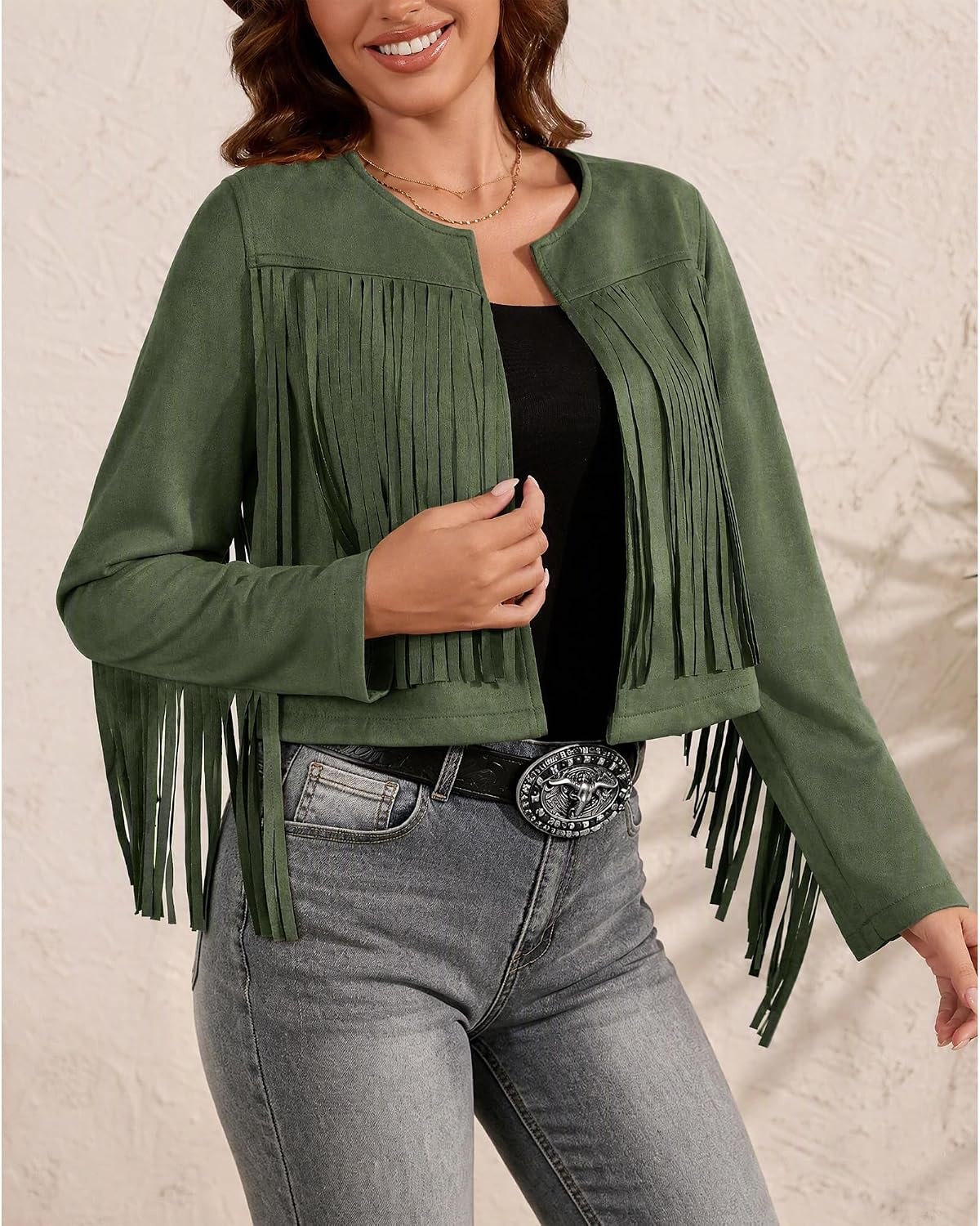 image:imageWomens Faux Suede Fringe Jacket Fall Cropped Coats Cowgirl OutfitsGreen