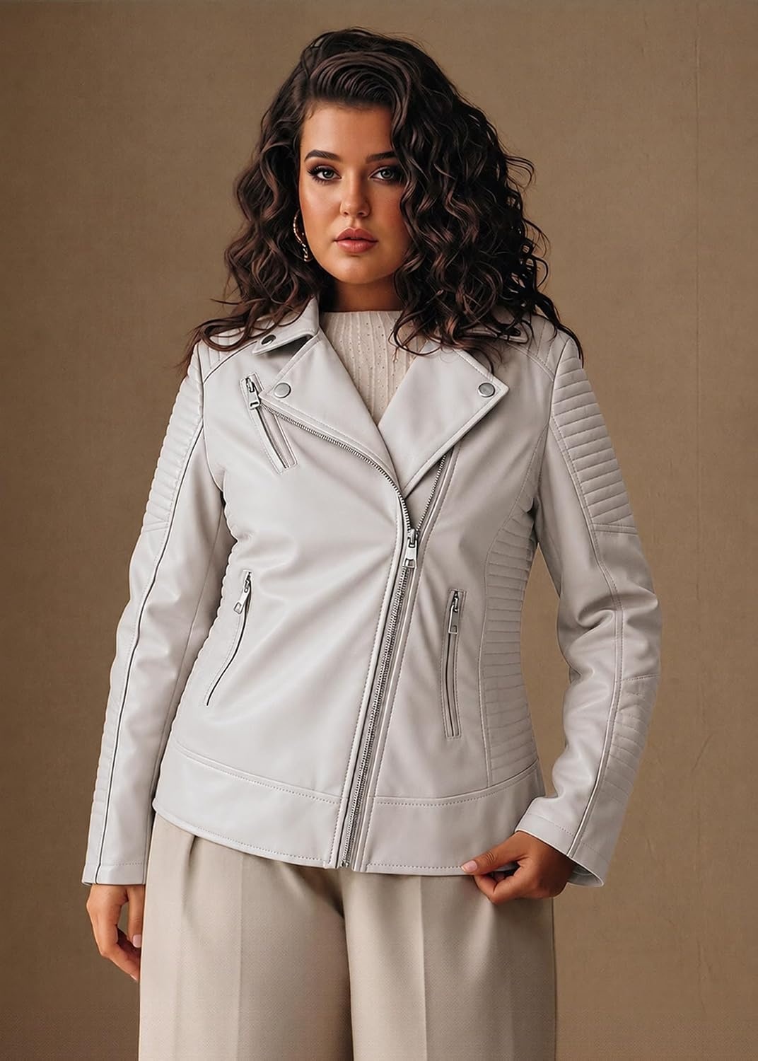 image:imageWomens Plus Size Faux Leather Zip Up Moto Jacket Fashion Coats 1X5XBeige Pu Jacket