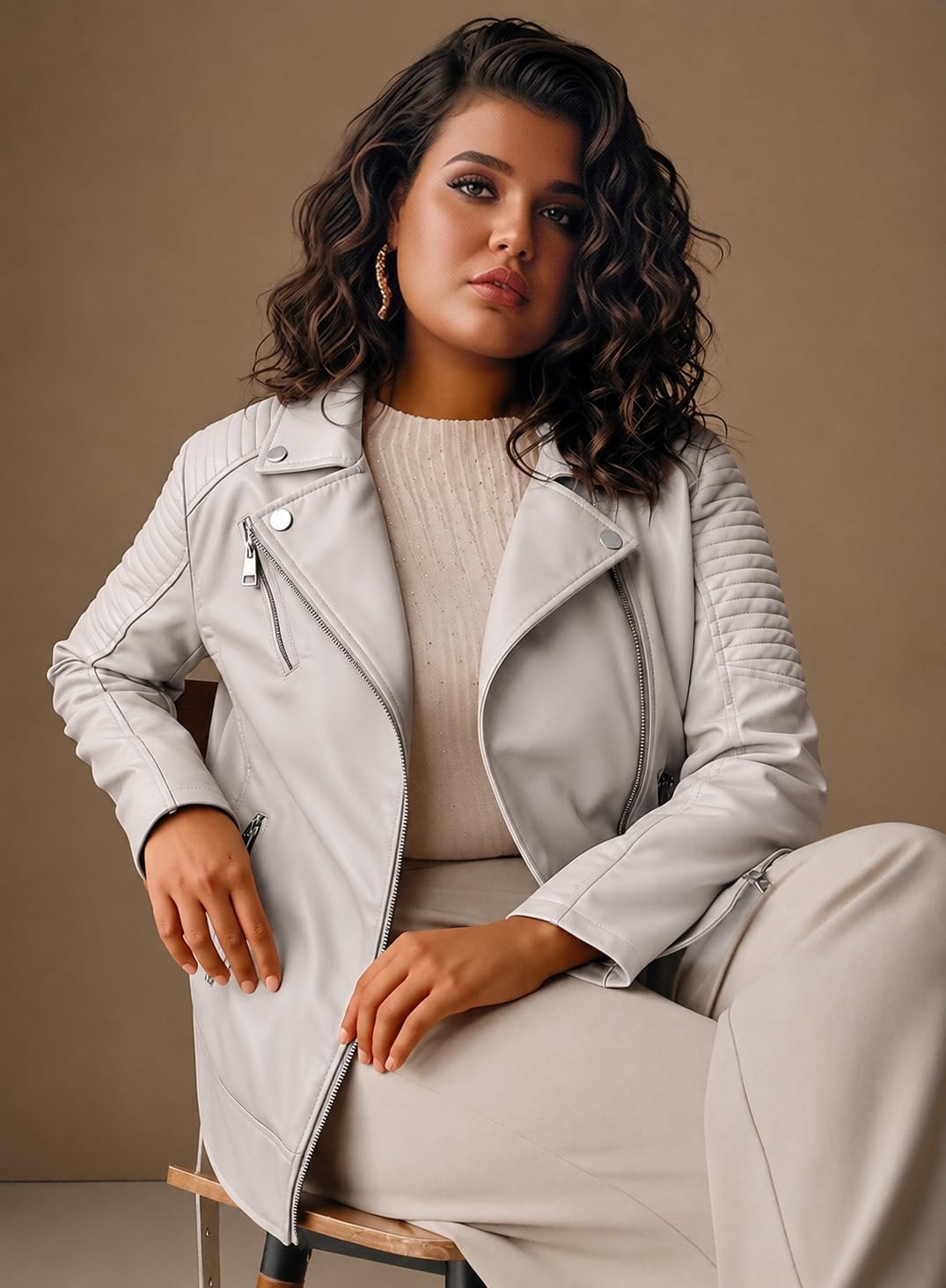 image:imageWomens Plus Size Faux Leather Zip Up Moto Jacket Fashion Coats 1X5XBeige Pu Jacket