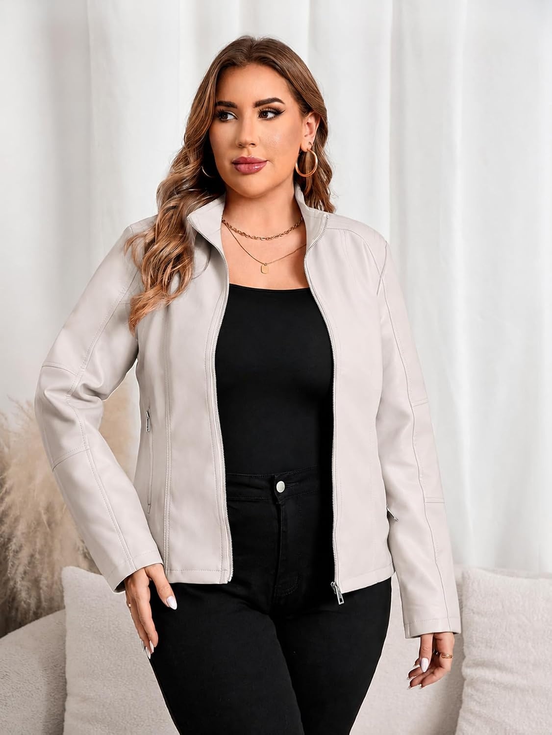 image:imageWomens Plus Size Faux Leather Zip Up Moto Jacket Fashion Coats 1X5XBeige Pu Leather