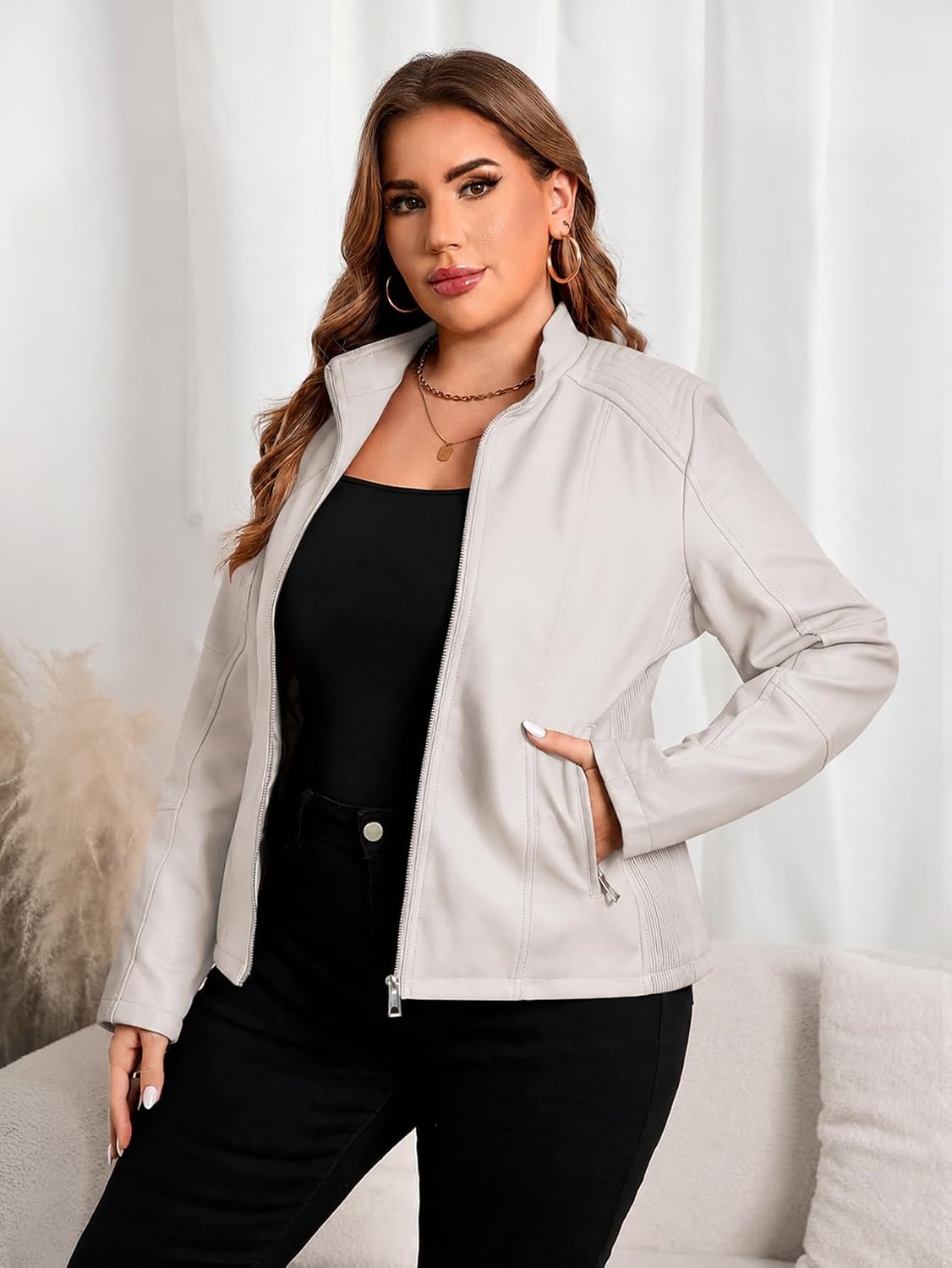image:imageWomens Plus Size Faux Leather Zip Up Moto Jacket Fashion Coats 1X5XBeige Pu Leather