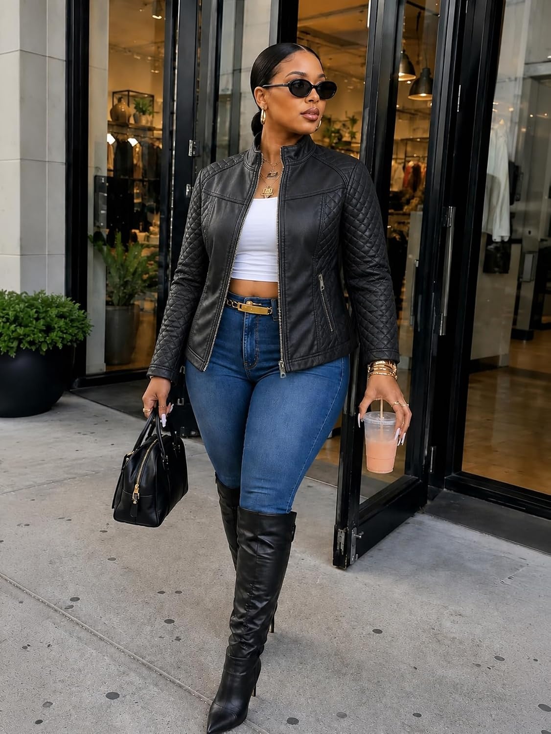 image:imageWomens Plus Size Faux Leather Zip Up Moto Jacket Fashion Coats 1X5XBlack Coat