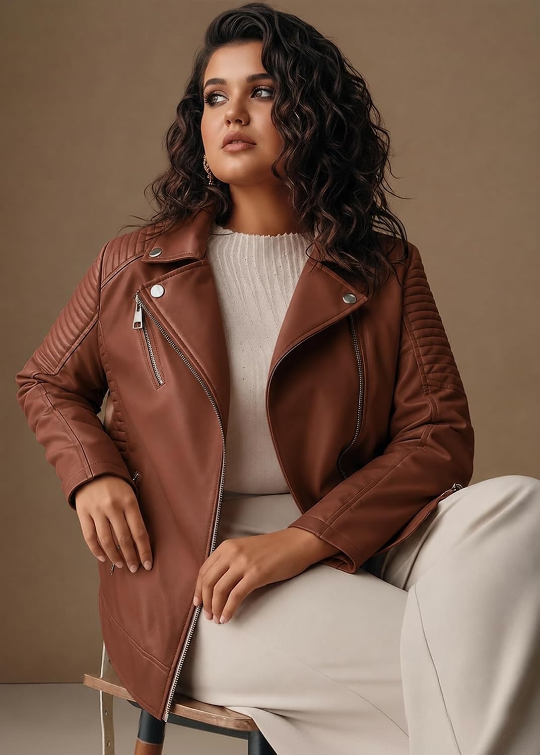 image:imageWomens Plus Size Faux Leather Zip Up Moto Jacket Fashion Coats 1X5XBrown Pu Jacket