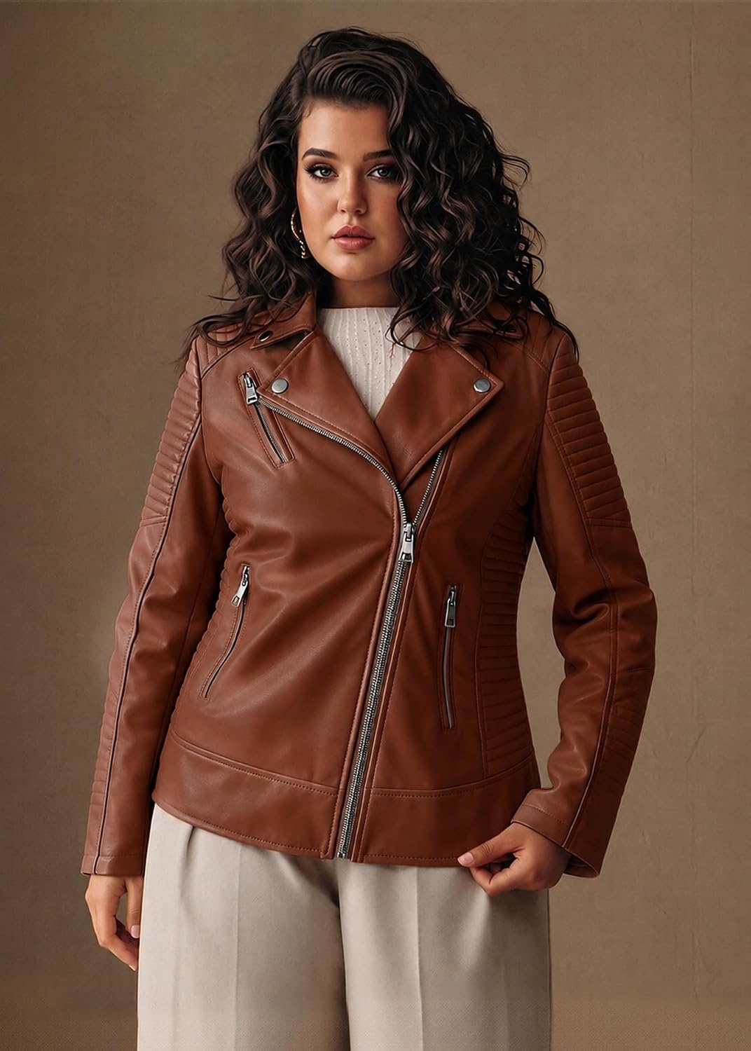 image:imageWomens Plus Size Faux Leather Zip Up Moto Jacket Fashion Coats 1X5XBrown Pu Jacket