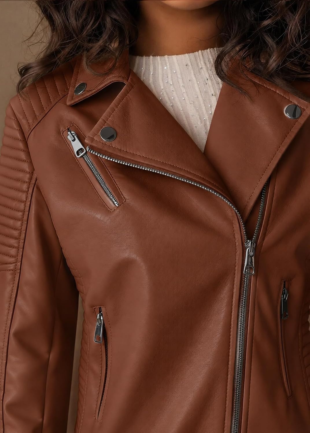 image:imageWomens Plus Size Faux Leather Zip Up Moto Jacket Fashion Coats 1X5XBrown Pu Jacket