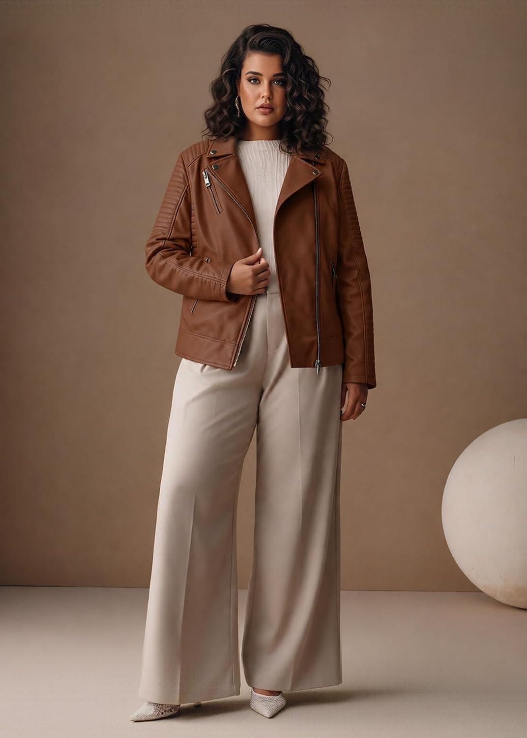 image:imageWomens Plus Size Faux Leather Zip Up Moto Jacket Fashion Coats 1X5XBrown Pu Jacket