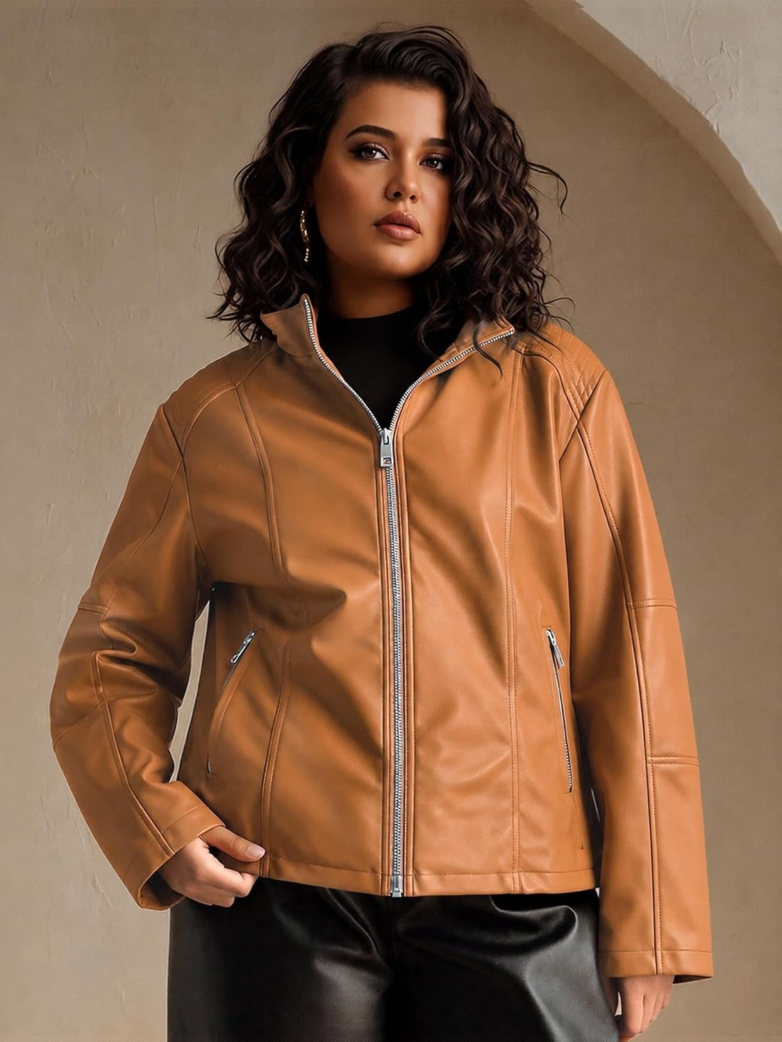 image:imageWomens Plus Size Faux Leather Zip Up Moto Jacket Fashion Coats 1X5XBrown Pu Leather