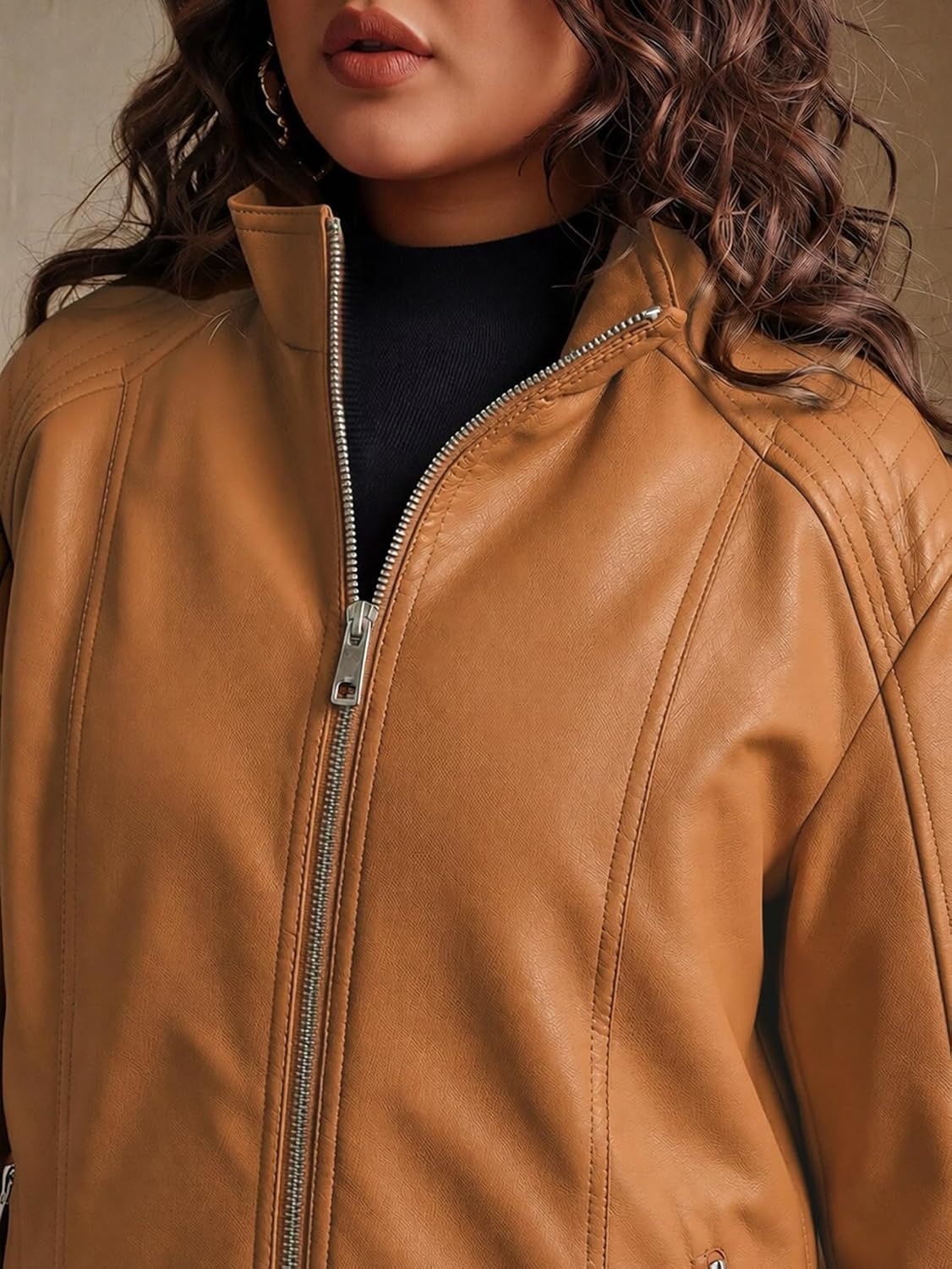 image:imageWomens Plus Size Faux Leather Zip Up Moto Jacket Fashion Coats 1X5XBrown Pu Leather