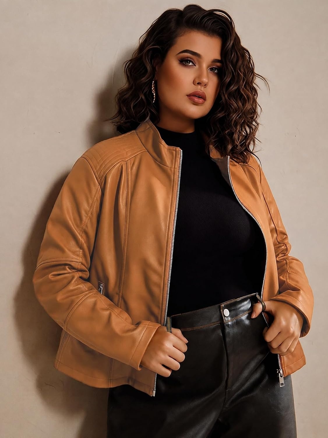 image:imageWomens Plus Size Faux Leather Zip Up Moto Jacket Fashion Coats 1X5XBrown Pu Leather