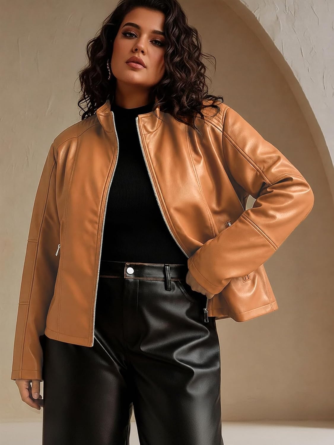 image:imageWomens Plus Size Faux Leather Zip Up Moto Jacket Fashion Coats 1X5XBrown Pu Leather