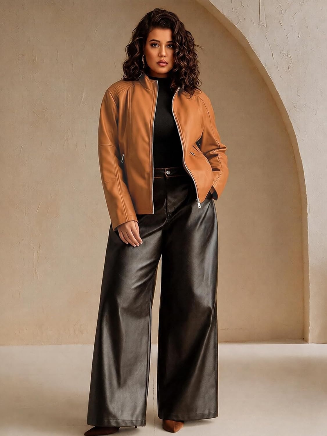 image:imageWomens Plus Size Faux Leather Zip Up Moto Jacket Fashion Coats 1X5XBrown Pu Leather