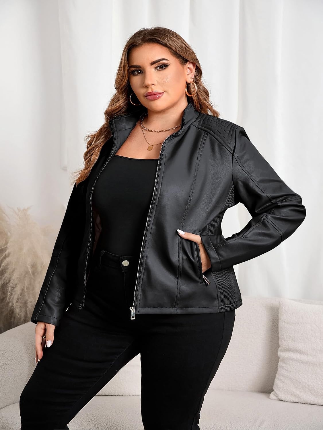 image:imageWomens Plus Size Faux Leather Zip Up Moto Jacket Fashion Coats 1X5XLight Black