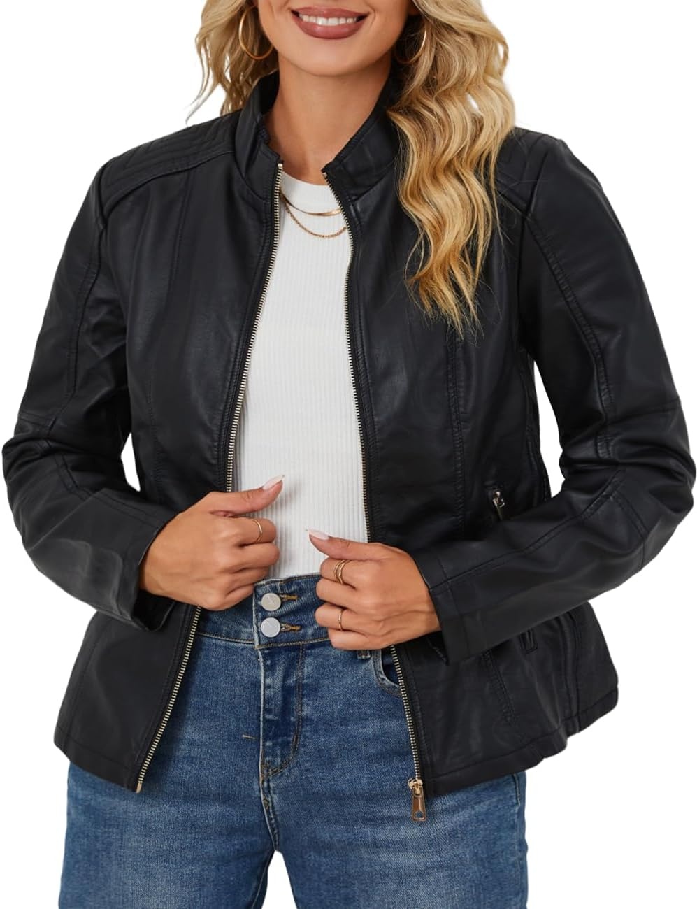 image:imageWomens Plus Size Faux Leather Zip Up Moto Jacket Fashion Coats 1X5XLight Black