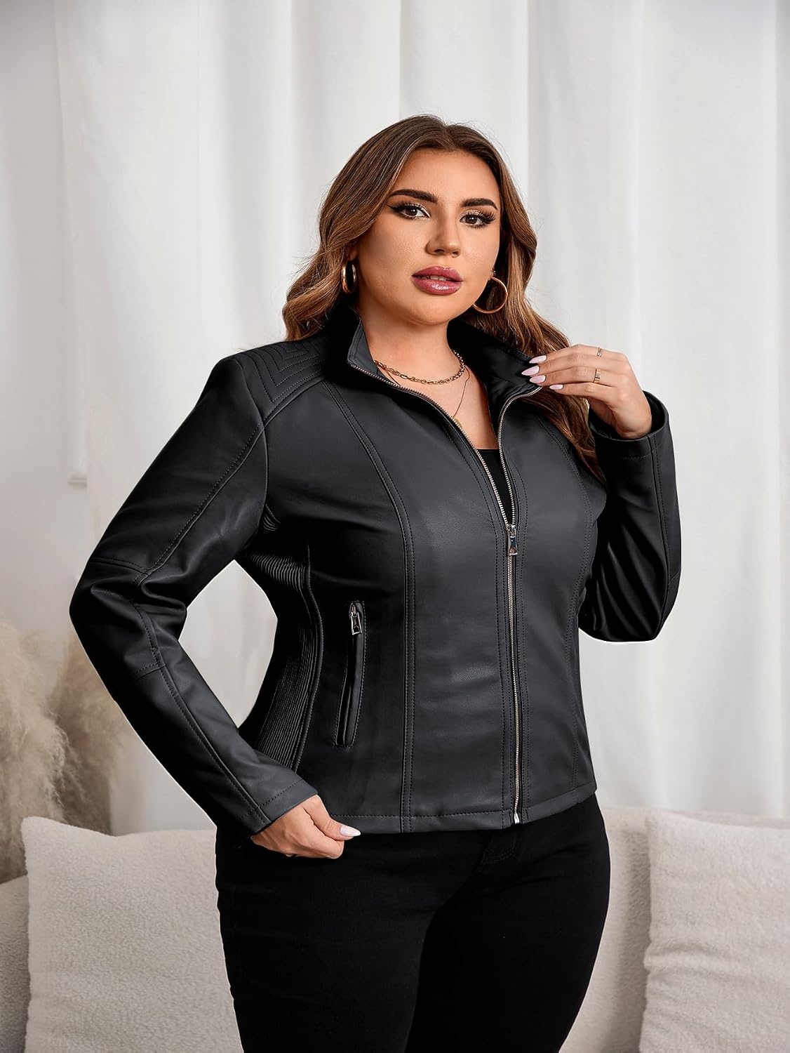image:imageWomens Plus Size Faux Leather Zip Up Moto Jacket Fashion Coats 1X5XLight Black