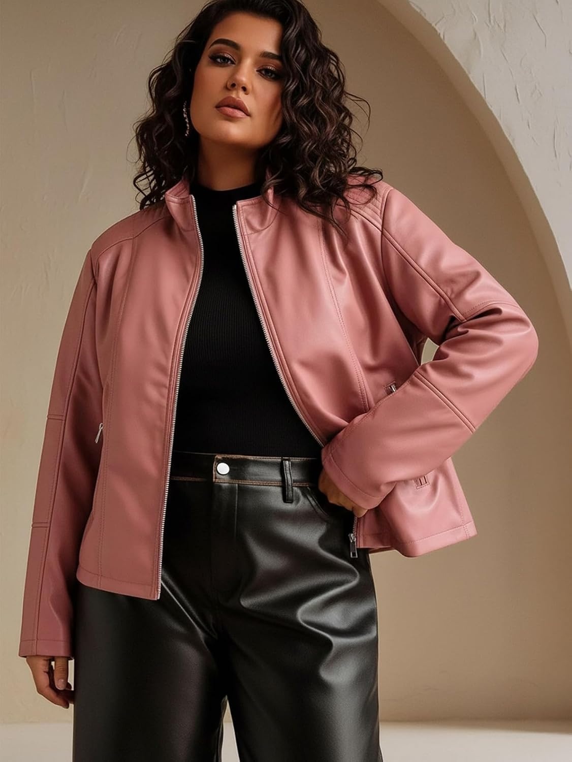 image:imageWomens Plus Size Faux Leather Zip Up Moto Jacket Fashion Coats 1X5XPink Pu Leather