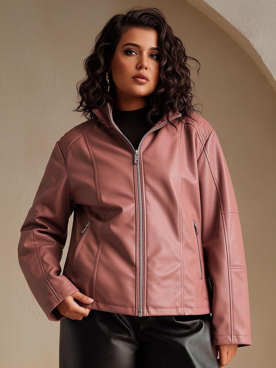 image:imageWomens Plus Size Faux Leather Zip Up Moto Jacket Fashion Coats 1X5XPink Pu Leather