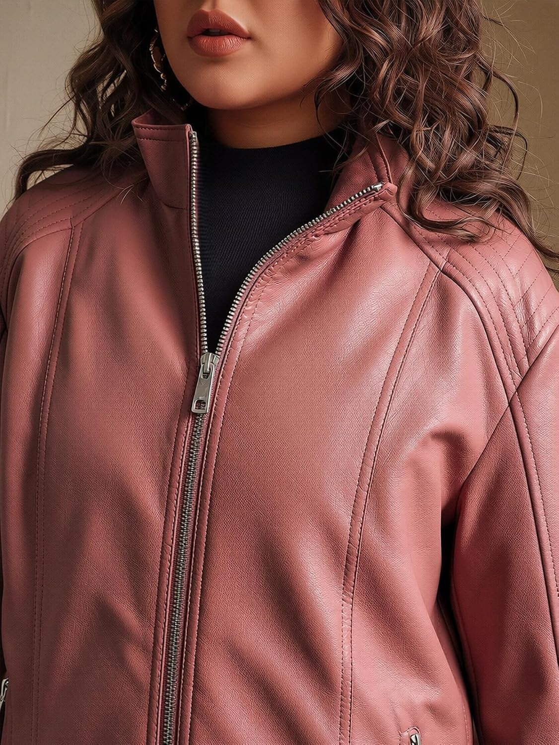 image:imageWomens Plus Size Faux Leather Zip Up Moto Jacket Fashion Coats 1X5XPink Pu Leather