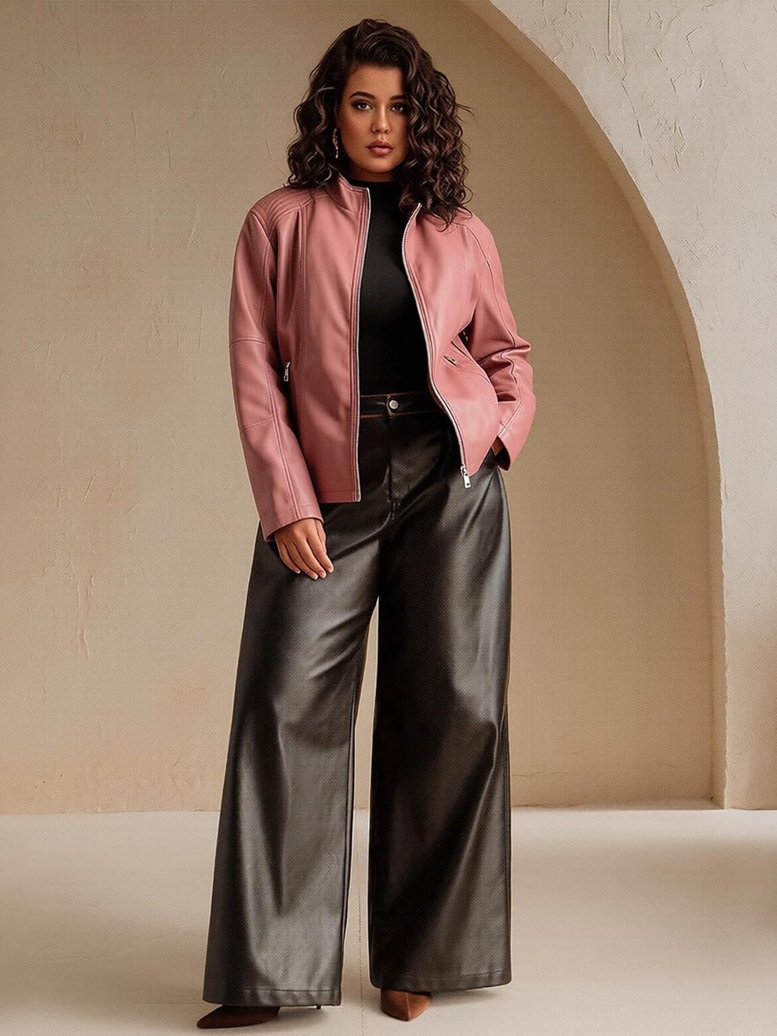 image:imageWomens Plus Size Faux Leather Zip Up Moto Jacket Fashion Coats 1X5XPink Pu Leather