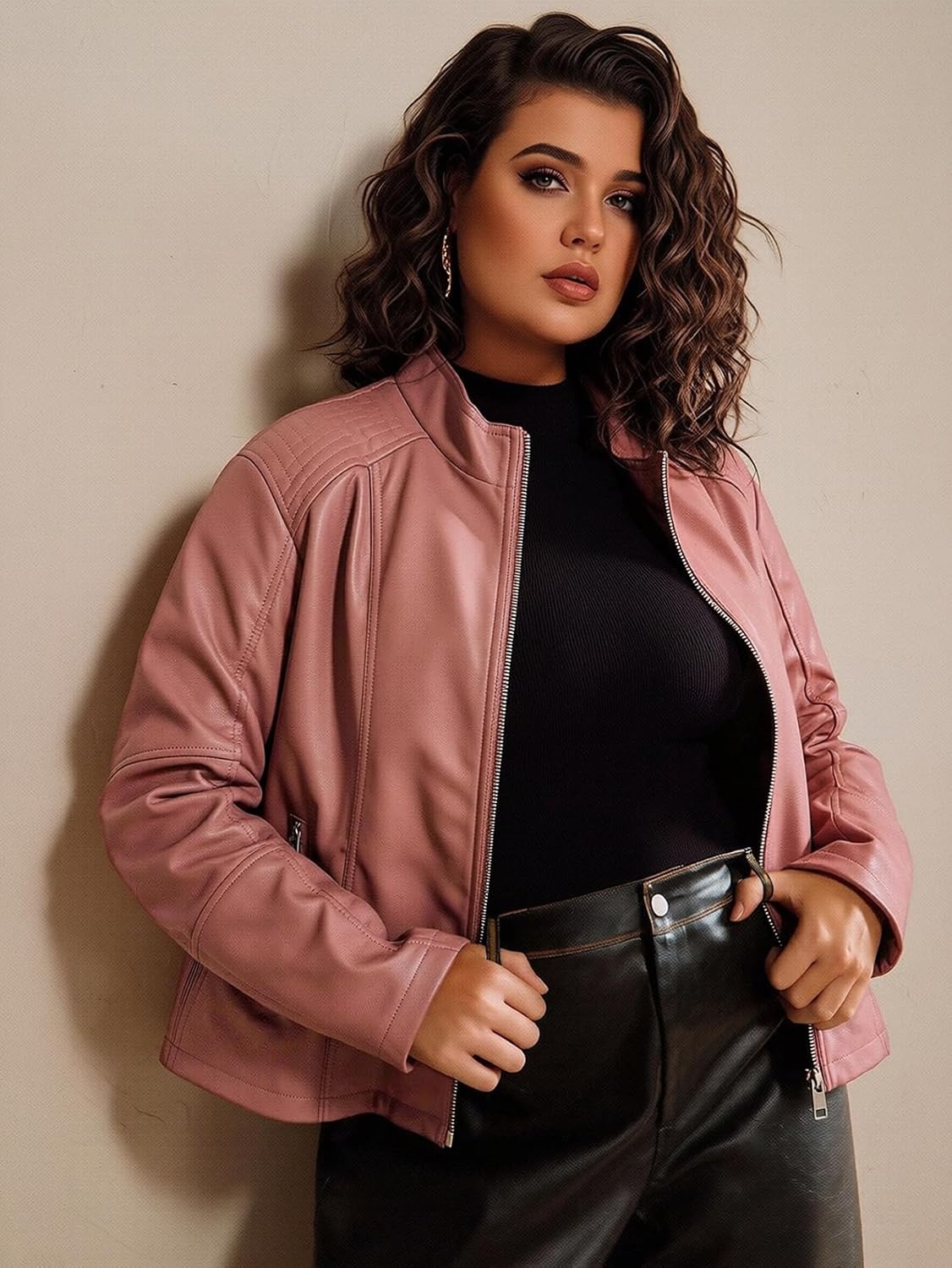 image:imageWomens Plus Size Faux Leather Zip Up Moto Jacket Fashion Coats 1X5XPink Pu Leather
