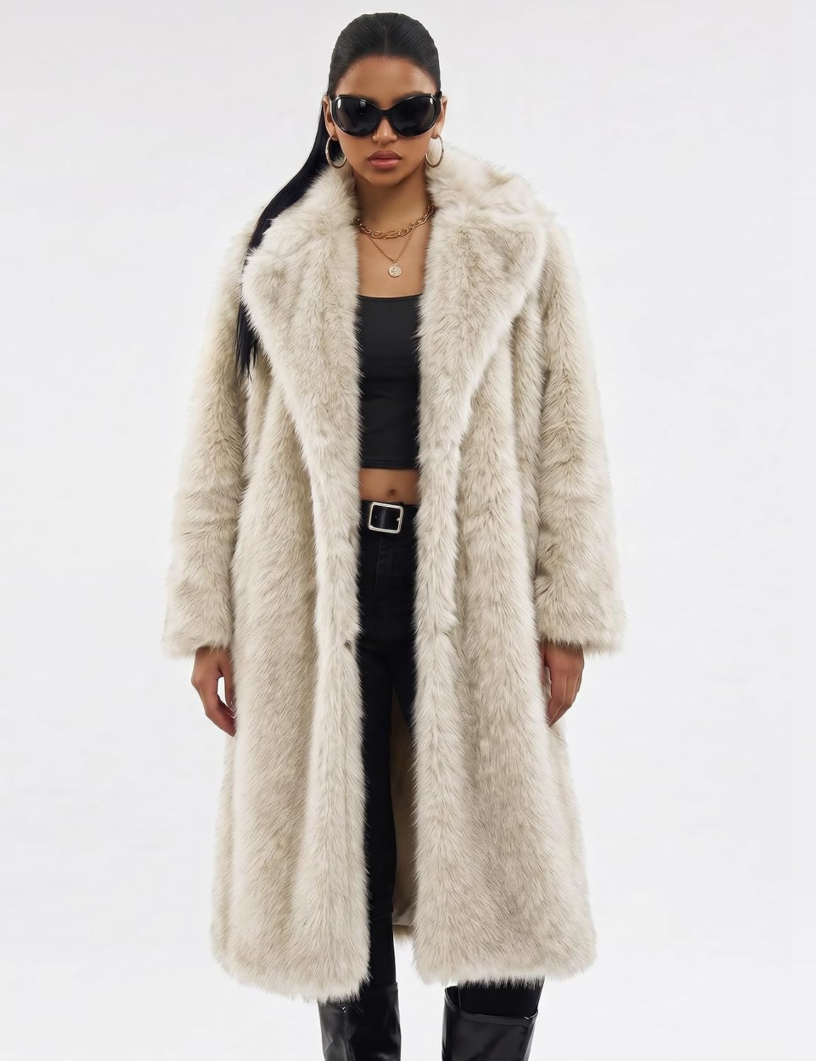 image:imageYimoon Womens Faux Fur Coat Long Fluffy Lapel Furry Jacket Winter Warm CoatBeige