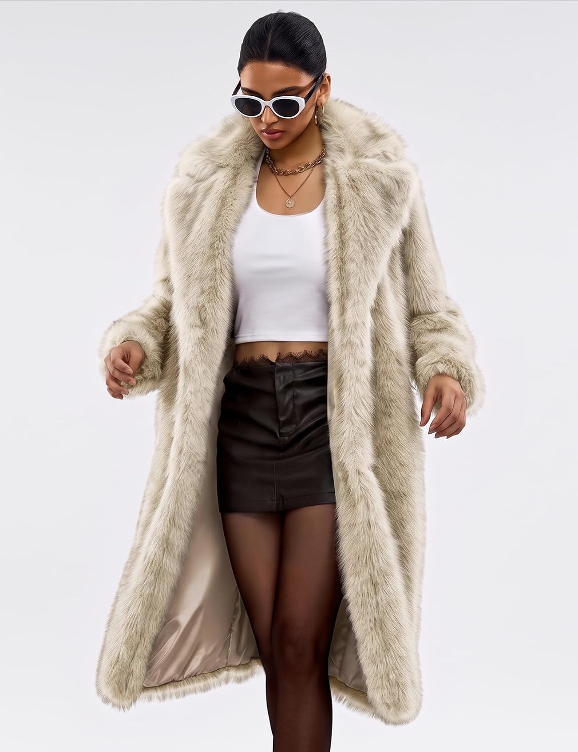 image:imageYimoon Womens Faux Fur Coat Long Fluffy Lapel Furry Jacket Winter Warm CoatBeige