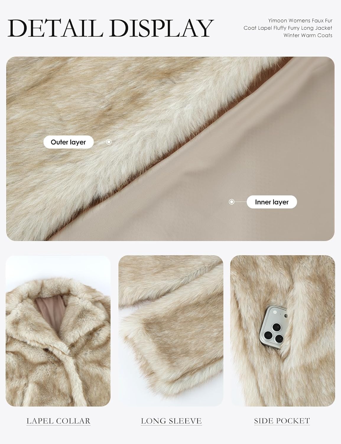 image:imageYimoon Womens Faux Fur Coat Long Fluffy Lapel Furry Jacket Winter Warm CoatBeige