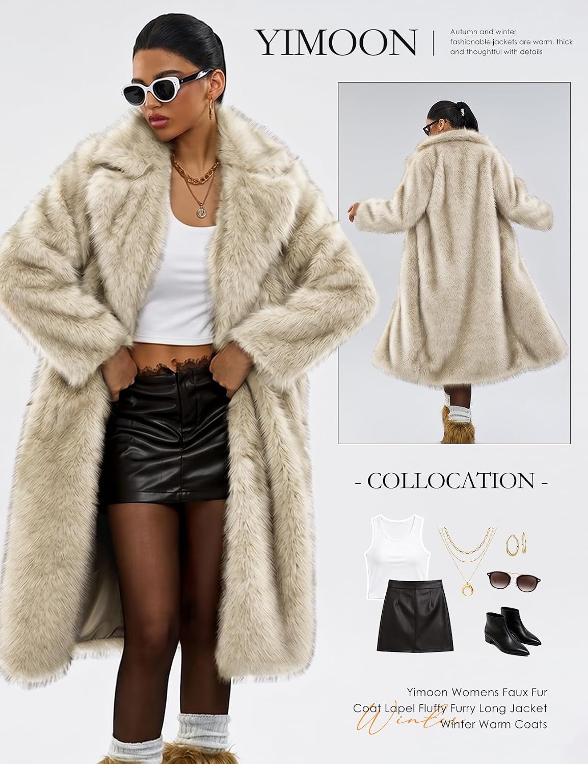 image:imageYimoon Womens Faux Fur Coat Long Fluffy Lapel Furry Jacket Winter Warm CoatBeige