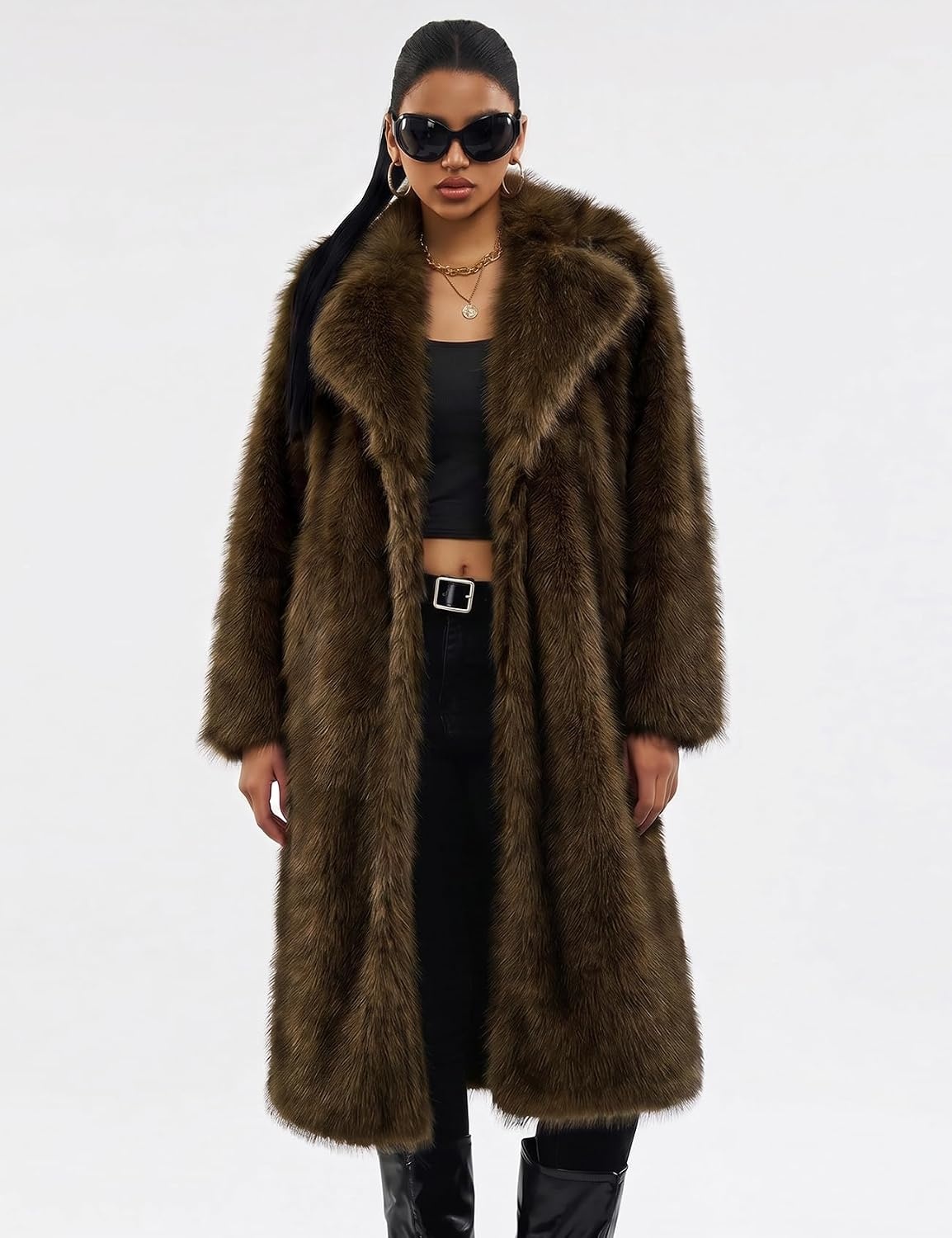 image:imageYimoon Womens Faux Fur Coat Long Fluffy Lapel Furry Jacket Winter Warm CoatBrown