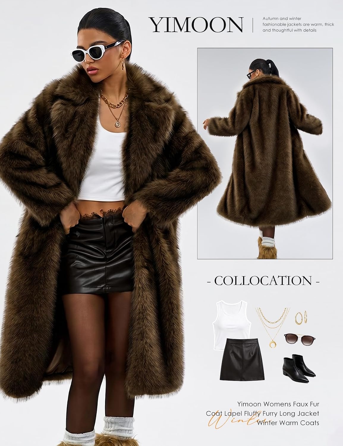 image:imageYimoon Womens Faux Fur Coat Long Fluffy Lapel Furry Jacket Winter Warm CoatBrown