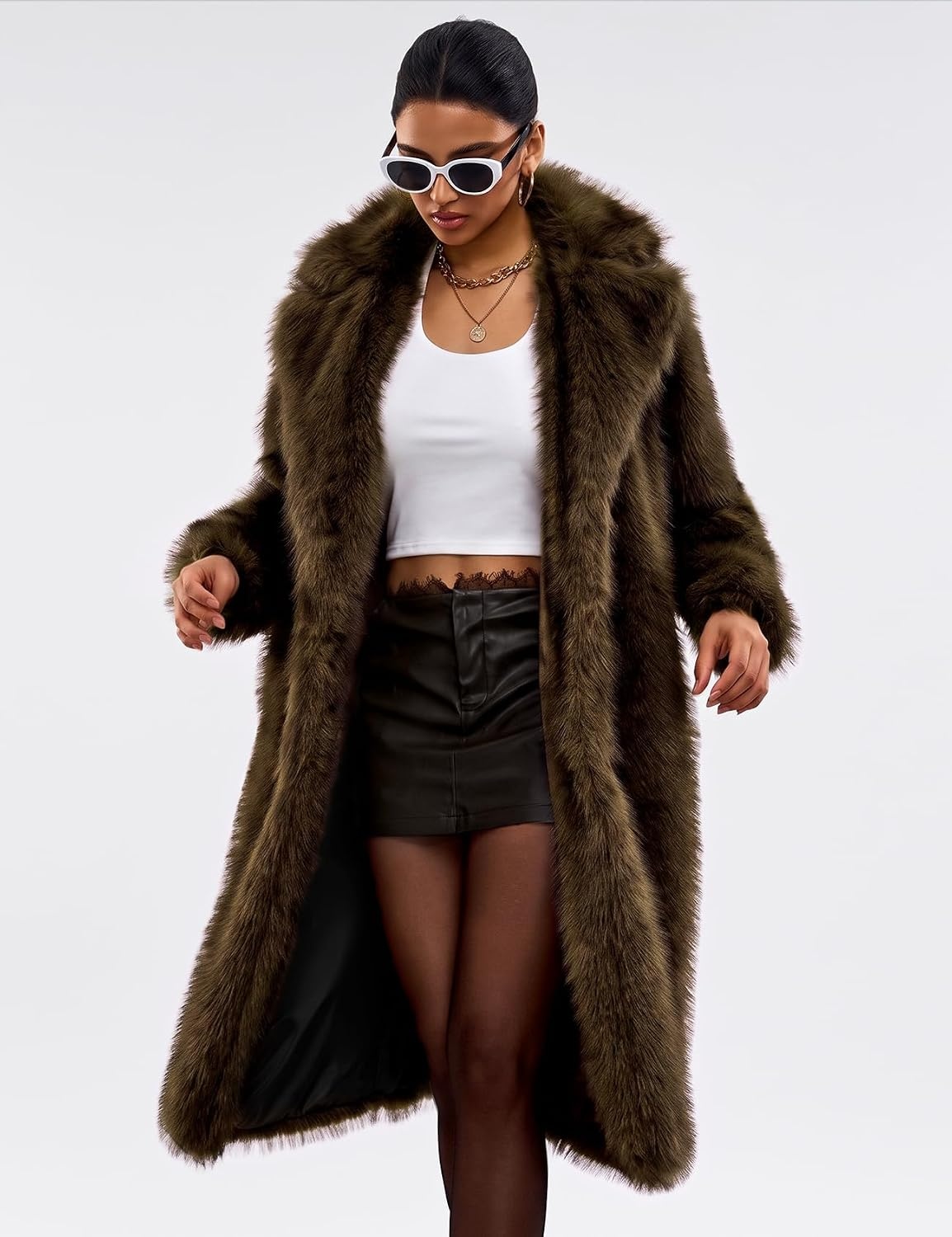 image:imageYimoon Womens Faux Fur Coat Long Fluffy Lapel Furry Jacket Winter Warm CoatBrown