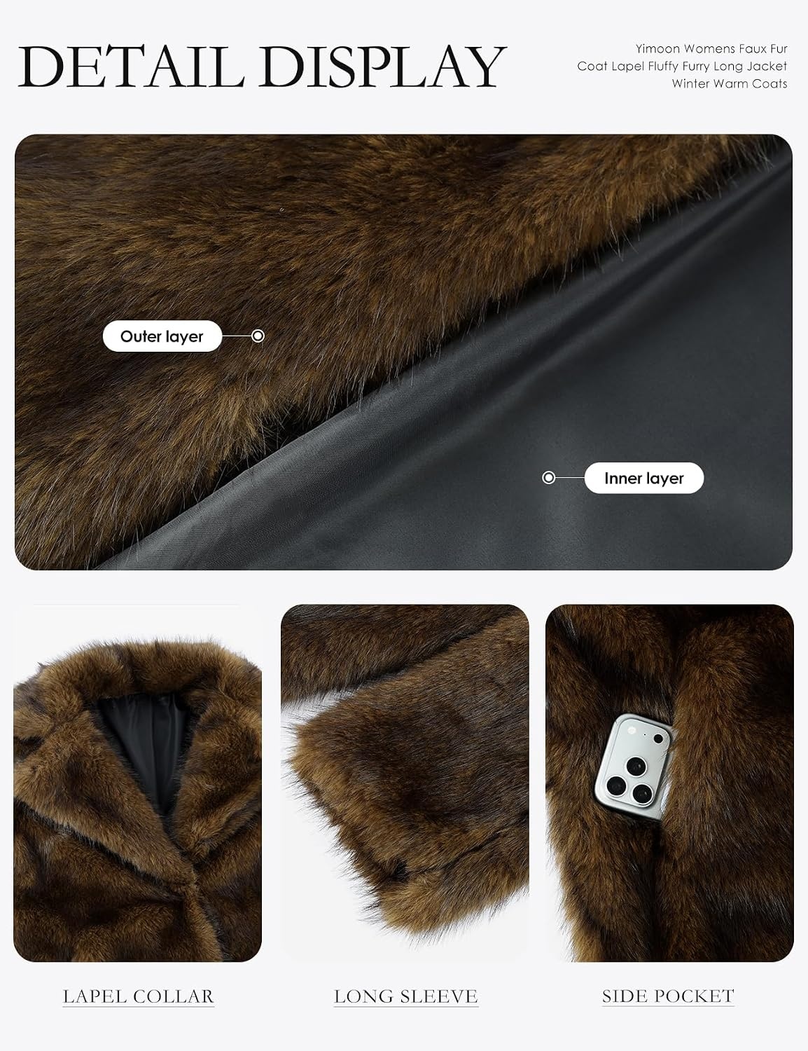 image:imageYimoon Womens Faux Fur Coat Long Fluffy Lapel Furry Jacket Winter Warm CoatBrown