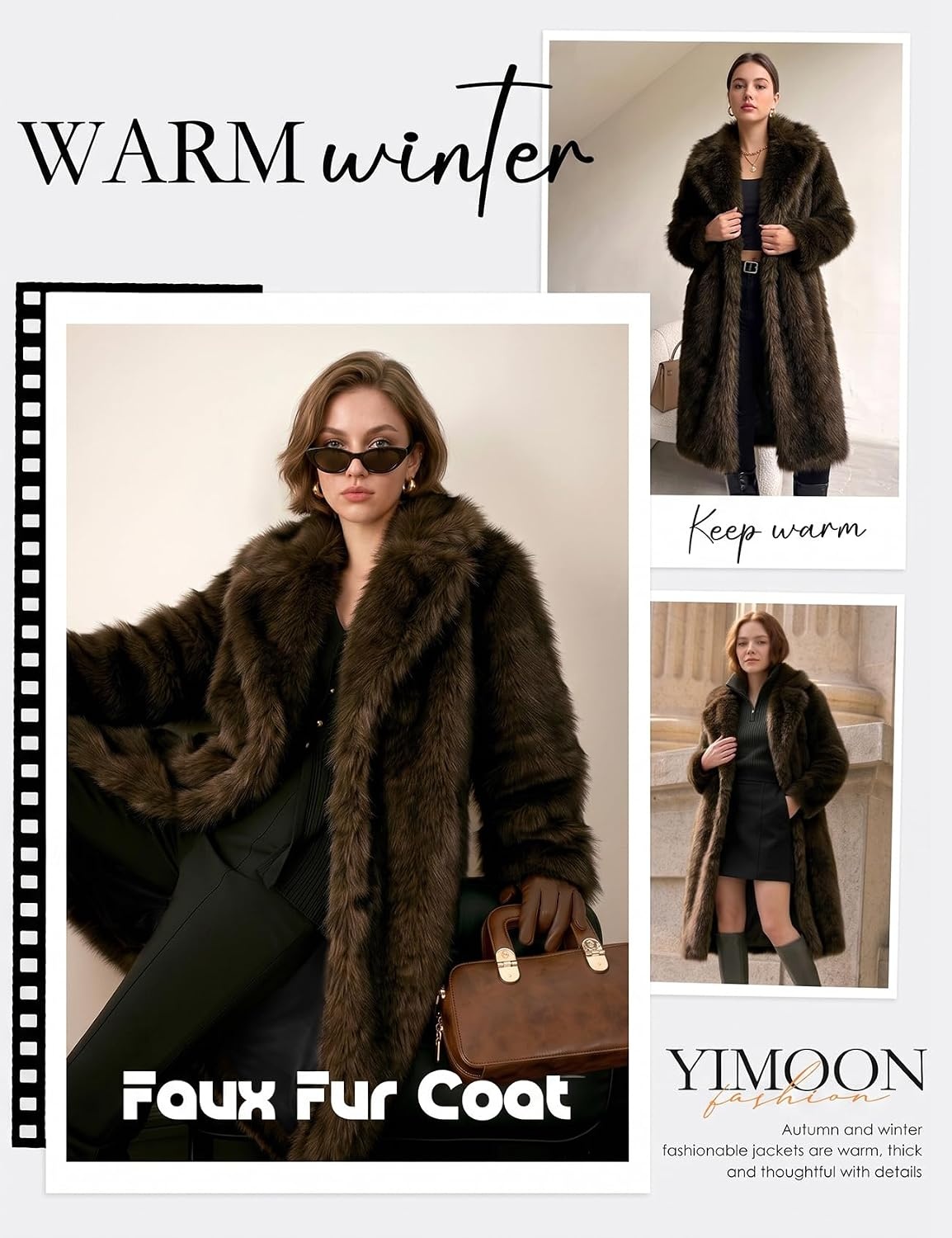 image:imageYimoon Womens Faux Fur Coat Long Fluffy Lapel Furry Jacket Winter Warm CoatBrown