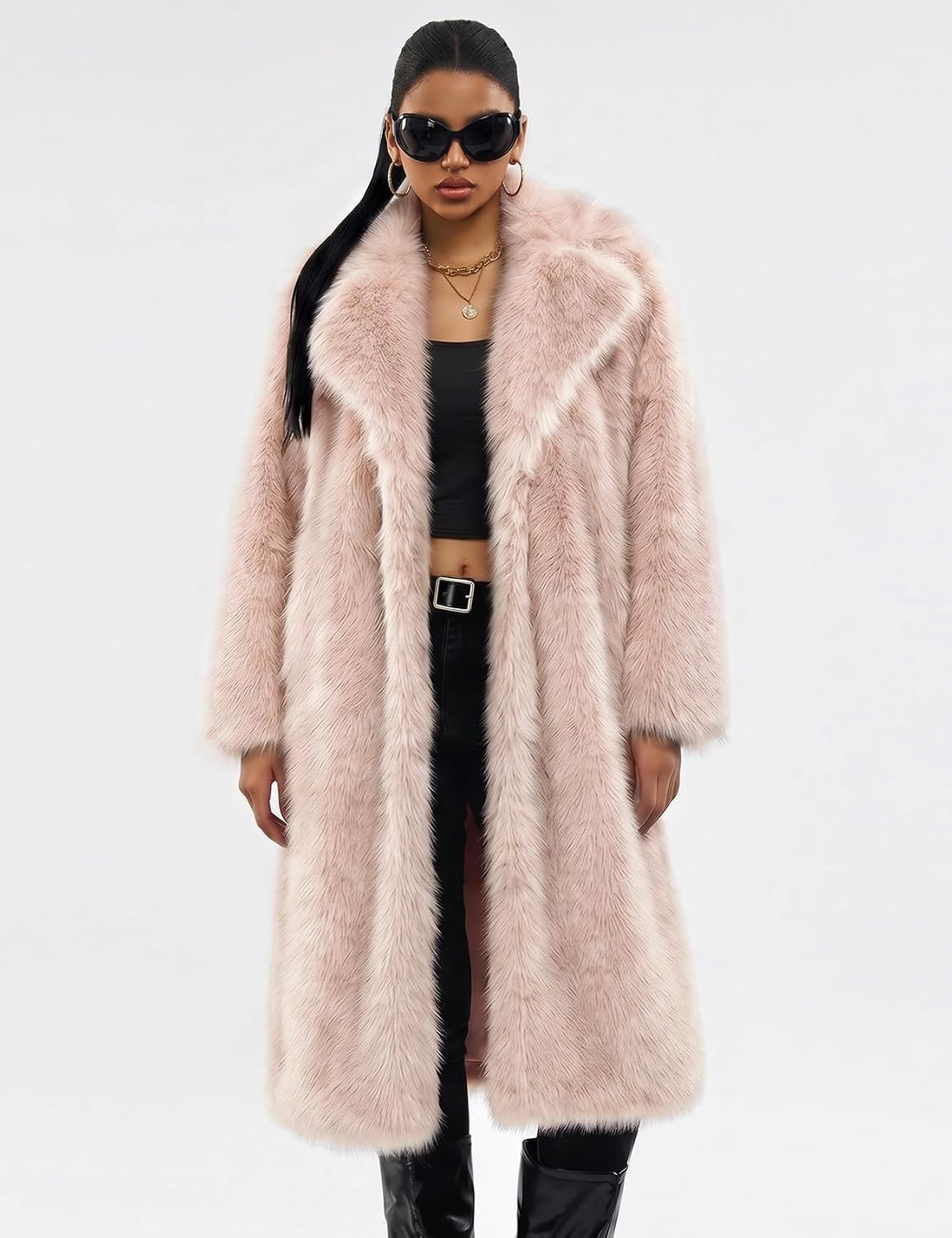 image:imageYimoon Womens Faux Fur Coat Long Fluffy Lapel Furry Jacket Winter Warm CoatPink