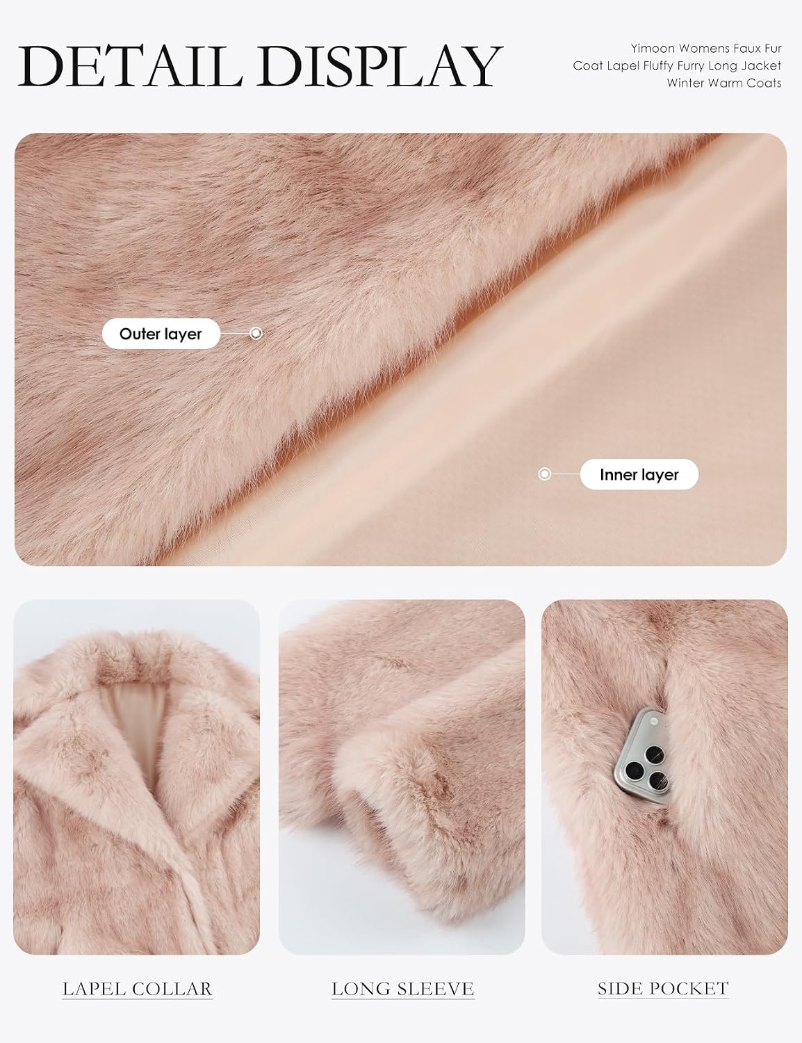 image:imageYimoon Womens Faux Fur Coat Long Fluffy Lapel Furry Jacket Winter Warm CoatPink