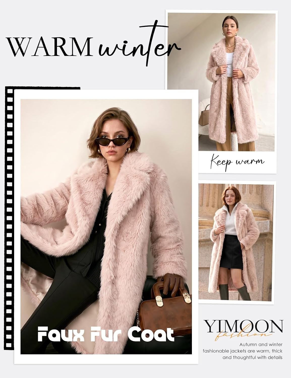 image:imageYimoon Womens Faux Fur Coat Long Fluffy Lapel Furry Jacket Winter Warm CoatPink
