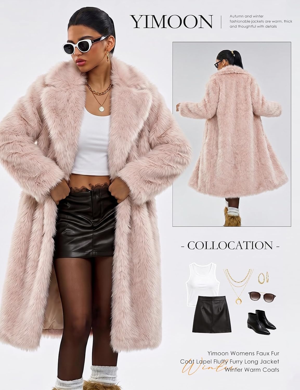 image:imageYimoon Womens Faux Fur Coat Long Fluffy Lapel Furry Jacket Winter Warm CoatPink