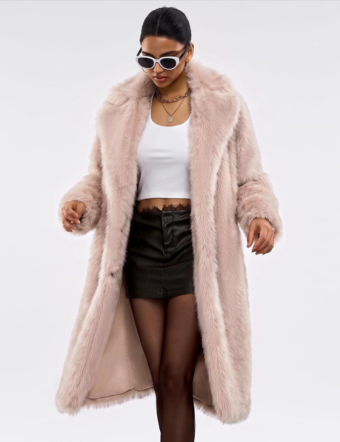 image:imageYimoon Womens Faux Fur Coat Long Fluffy Lapel Furry Jacket Winter Warm CoatPink