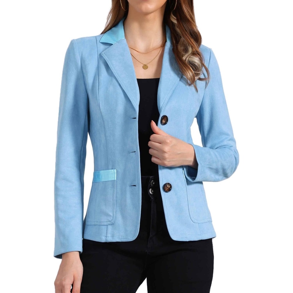 image:imageAllegra K Faux Suede Blazer for Women Lapel Collar Button Front JacketBlue