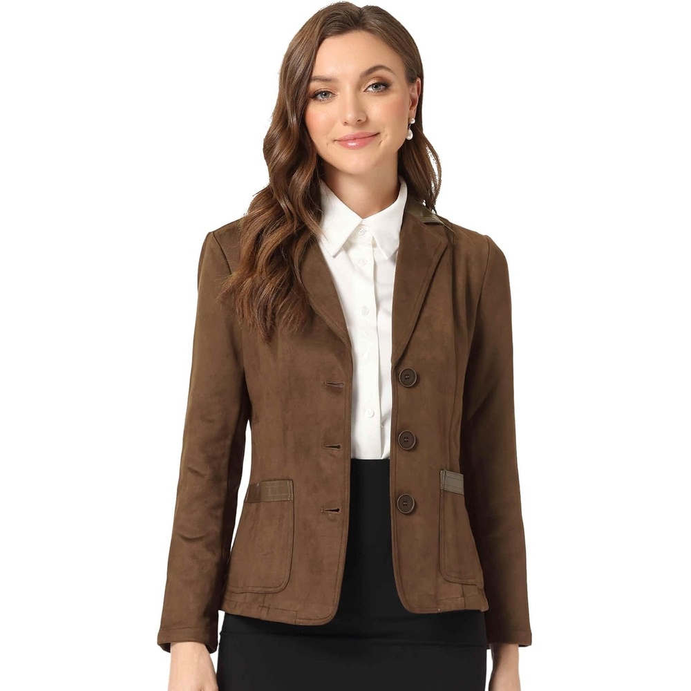 image:imageAllegra K Faux Suede Blazer for Women Lapel Collar Button Front JacketBrown