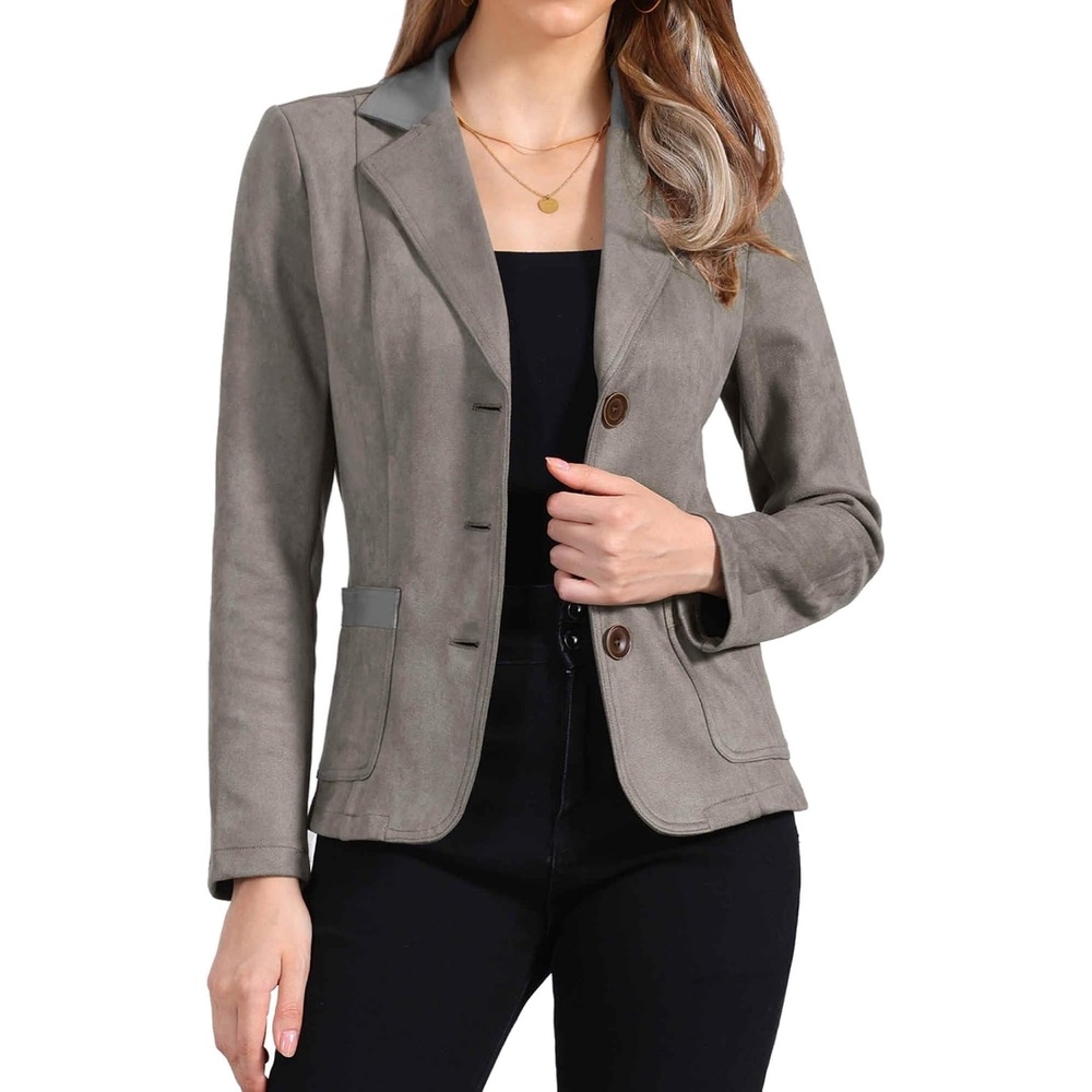 image:imageAllegra K Faux Suede Blazer for Women Lapel Collar Button Front JacketGrey