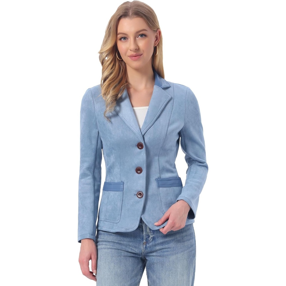 image:imageAllegra K Faux Suede Blazer for Women Lapel Collar Button Front JacketGrey Blue