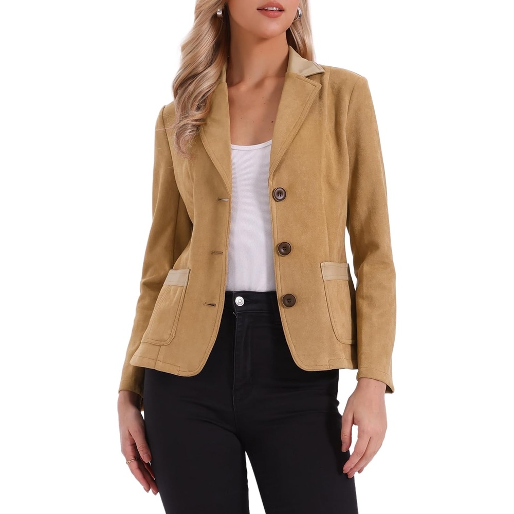 image:imageAllegra K Faux Suede Blazer for Women Lapel Collar Button Front JacketKhaki